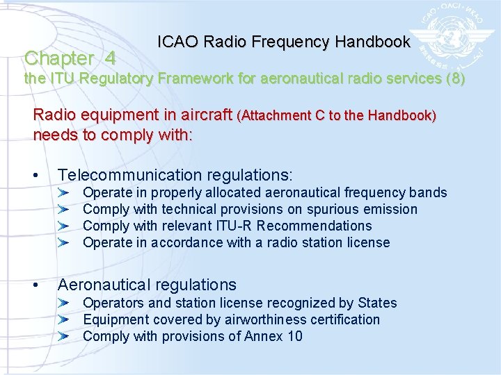 Chapter 4 ICAO Radio Frequency Handbook the ITU Regulatory Framework for aeronautical radio services