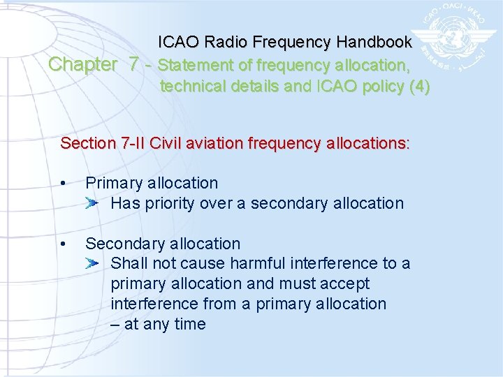 ICAO Radio Frequency Handbook Chapter 7 - Statement of frequency allocation, technical details and