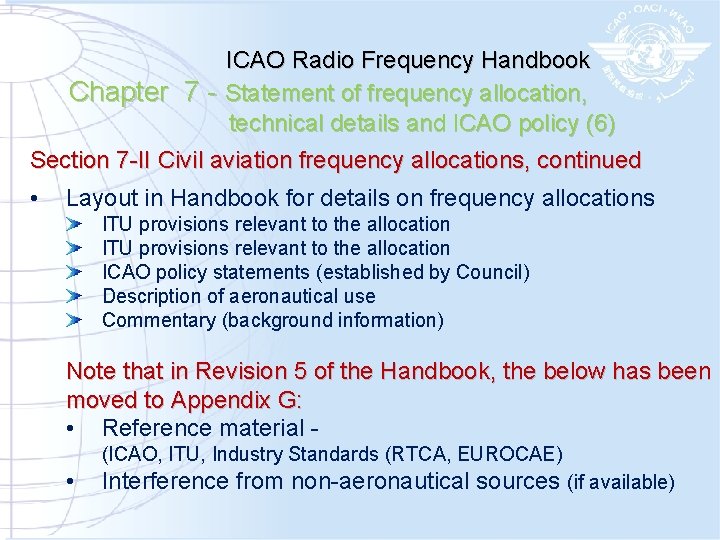 ICAO Radio Frequency Handbook Chapter 7 - Statement of frequency allocation, technical details and