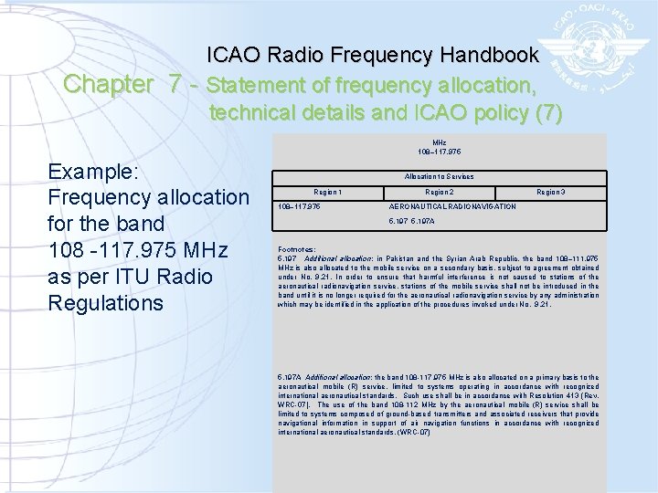 ICAO Radio Frequency Handbook Chapter 7 - Statement of frequency allocation, technical details and