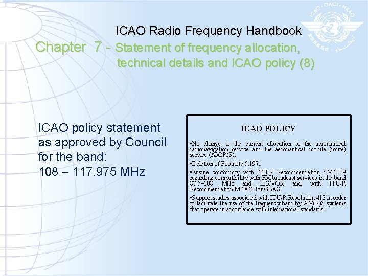 ICAO Radio Frequency Handbook Chapter 7 - Statement of frequency allocation, technical details and