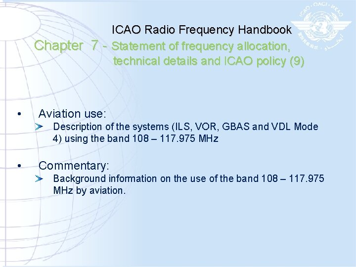 ICAO Radio Frequency Handbook Chapter 7 - Statement of frequency allocation, technical details and