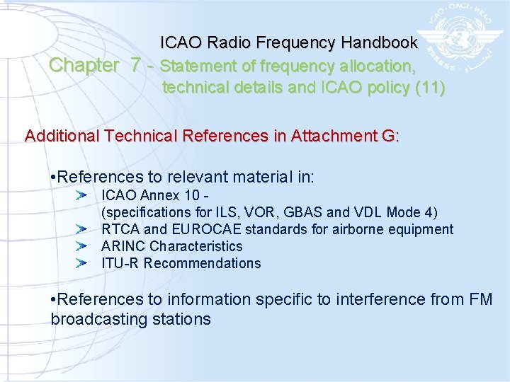 ICAO Radio Frequency Handbook Chapter 7 - Statement of frequency allocation, technical details and