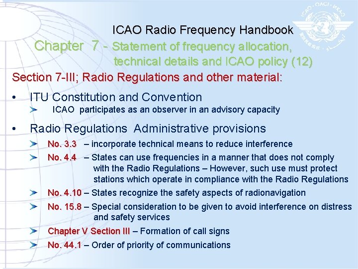 ICAO Radio Frequency Handbook Chapter 7 - Statement of frequency allocation, technical details and