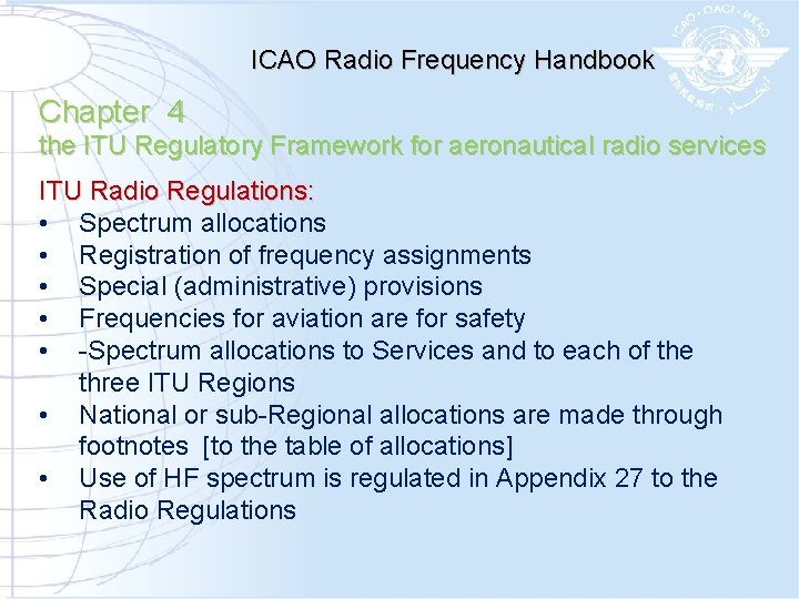 ICAO Radio Frequency Handbook Chapter 4 the ITU Regulatory Framework for aeronautical radio services