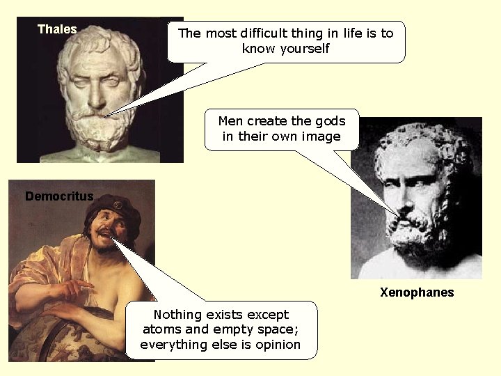 Thales The most difficult thing in life is to know yourself Xenophanes Men create