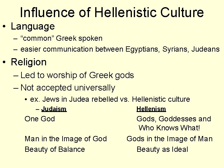 Influence of Hellenistic Culture • Language – “common” Greek spoken – easier communication between