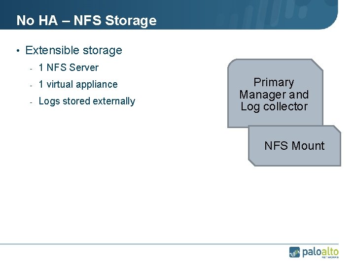 No HA – NFS Storage • Extensible storage - 1 NFS Server - 1