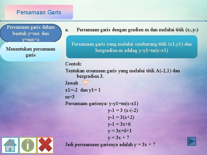 Persamaan Garis Persamaan garis dalam bentuk y=mx dan y=mx+c Menentukan persamaan garis a. Persamaan