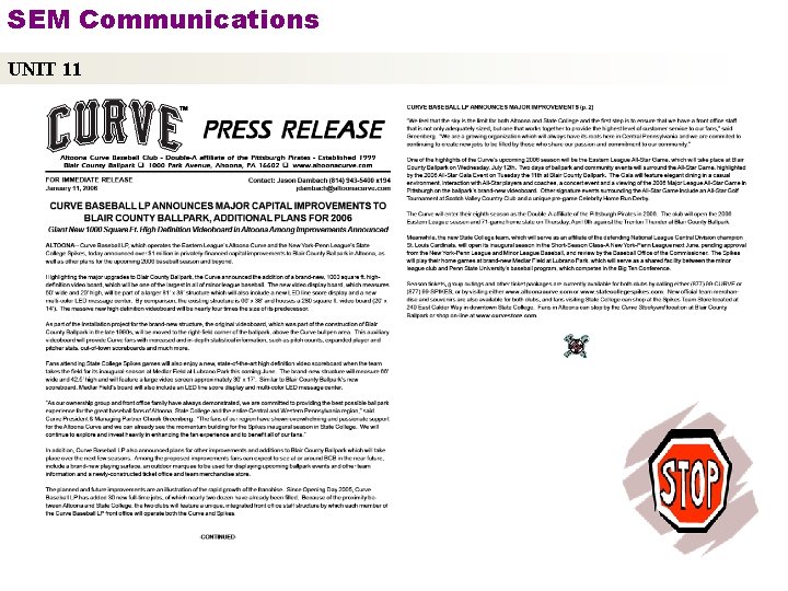 SEM Communications UNIT 11 Copyright © 2010 by Sports Career Consulting, LLC 