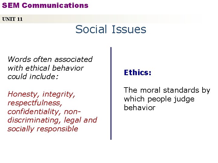 SEM Communications UNIT 11 Social Issues Words often associated with ethical behavior could include: