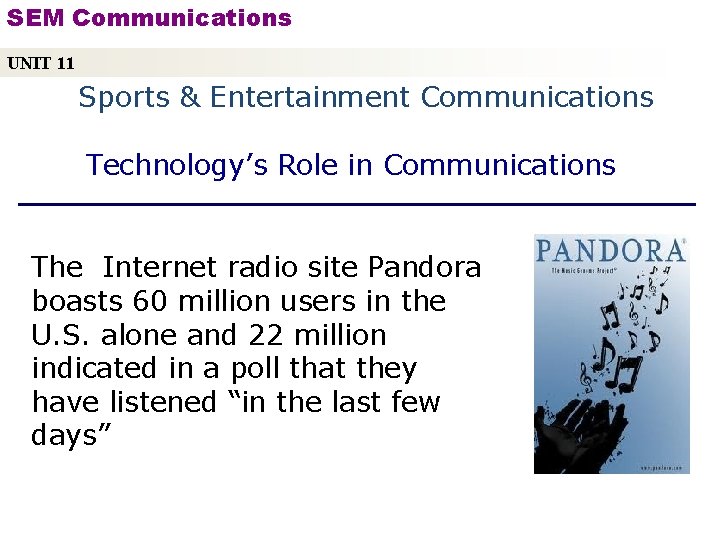 SEM Communications UNIT 11 Sports & Entertainment Communications Technology’s Role in Communications The Internet