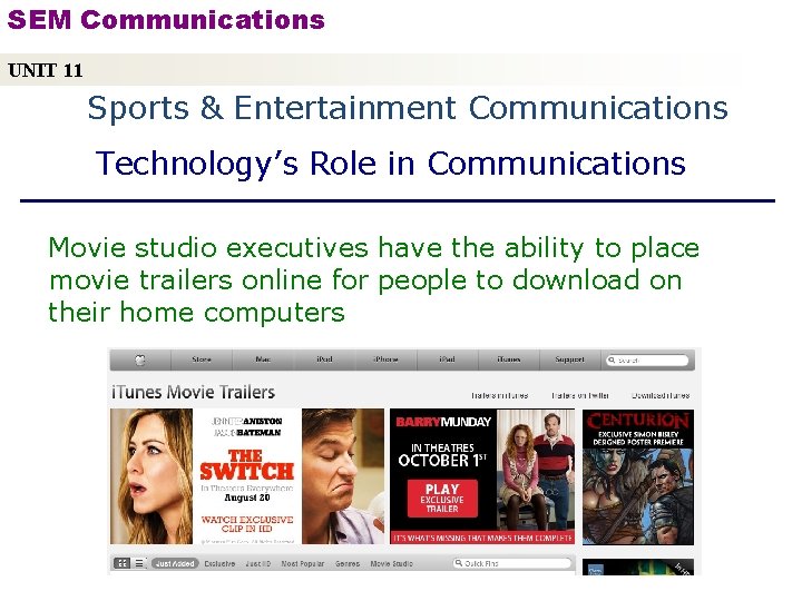SEM Communications UNIT 11 Sports & Entertainment Communications Technology’s Role in Communications Movie studio
