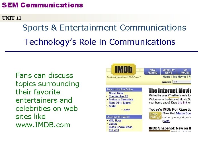 SEM Communications UNIT 11 Sports & Entertainment Communications Technology’s Role in Communications Fans can