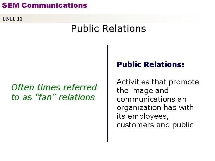 SEM Communications UNIT 11 Public Relations: Often times referred to as “fan” relations Copyright