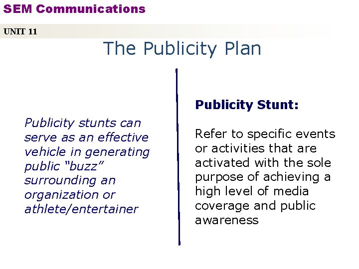 SEM Communications UNIT 11 The Publicity Plan Publicity Stunt: Publicity stunts can serve as