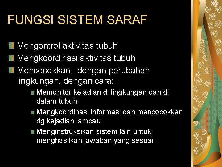 FUNGSI SISTEM SARAF Mengontrol aktivitas tubuh Mengkoordinasi aktivitas tubuh Mencocokkan dengan perubahan lingkungan, dengan