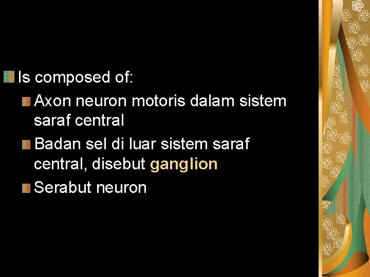 Is composed of: Axon neuron motoris dalam sistem saraf central Badan sel di luar
