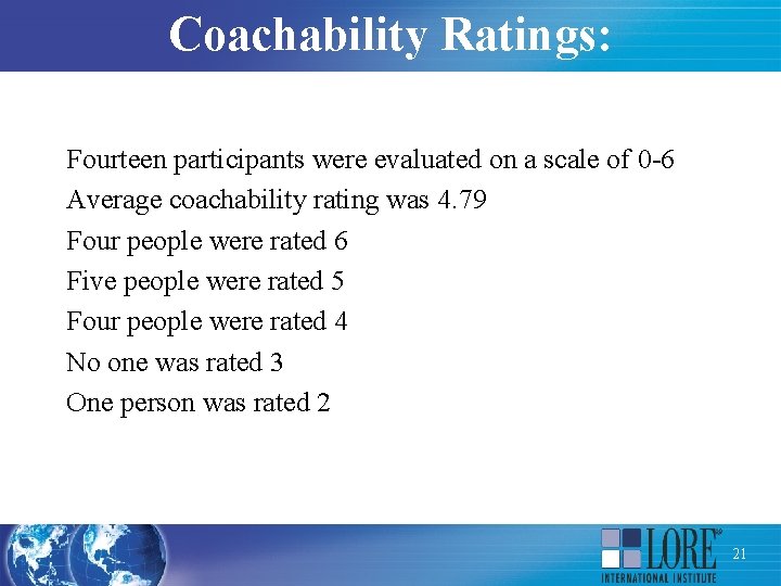 Coachability Ratings: Fourteen participants were evaluated on a scale of 0 -6 Average coachability