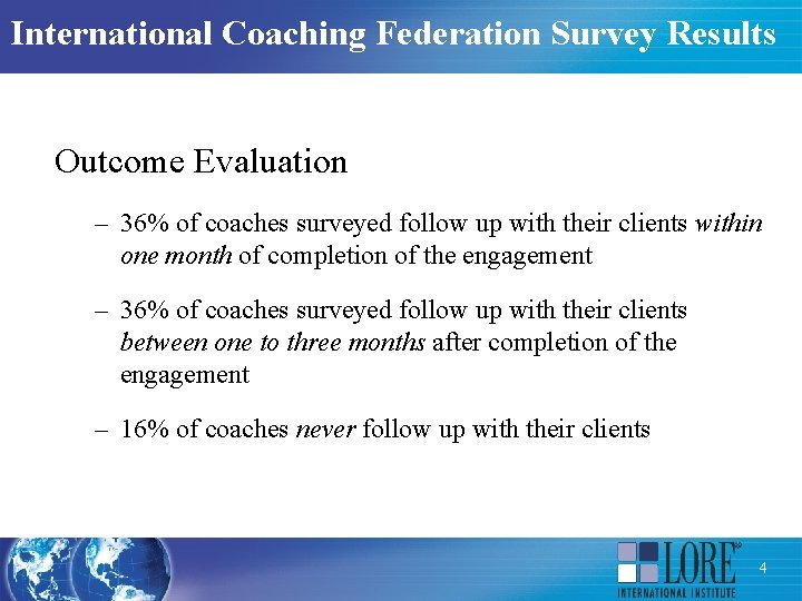 International Coaching Federation Survey Results Outcome Evaluation – 36% of coaches surveyed follow up
