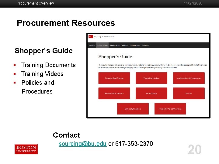 Procurement Overview 11/27/2020 Procurement Resources Shopper’s Guide § Training Documents § Training Videos §