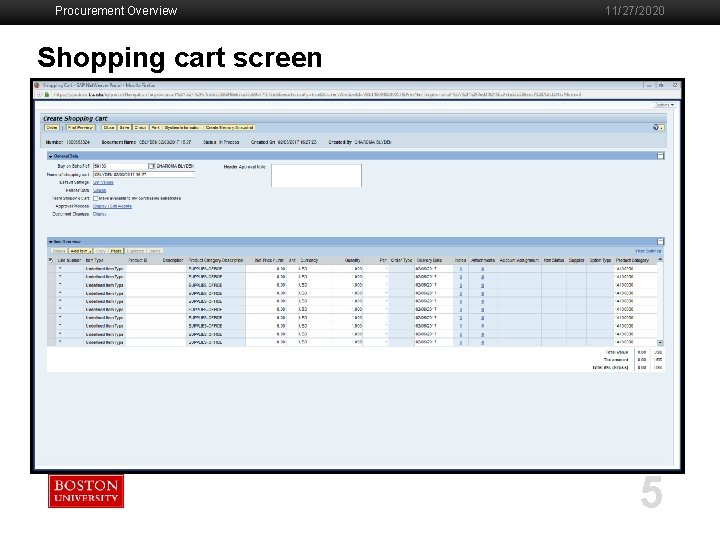 Procurement Overview 11/27/2020 Shopping cart screen 5 