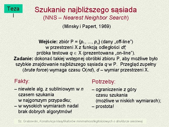 Teza I Szukanie najbliższego sąsiada (NNS – Nearest Neighbor Search) (Minsky i Papert, 1969)