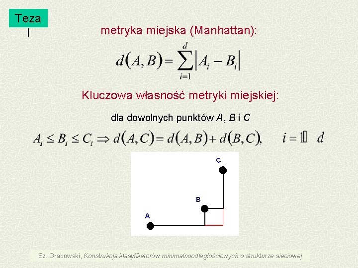 Teza I metryka miejska (Manhattan): Kluczowa własność metryki miejskiej: dla dowolnych punktów A, B