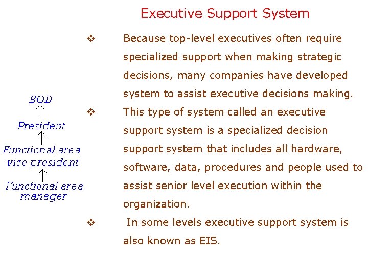 Executive Support System v Because top-level executives often require specialized support when making strategic