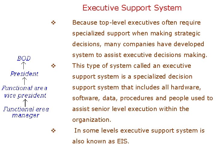 Executive Support System v Because top-level executives often require specialized support when making strategic Executive Support System v Because top-level executives often require specialized support when making strategic