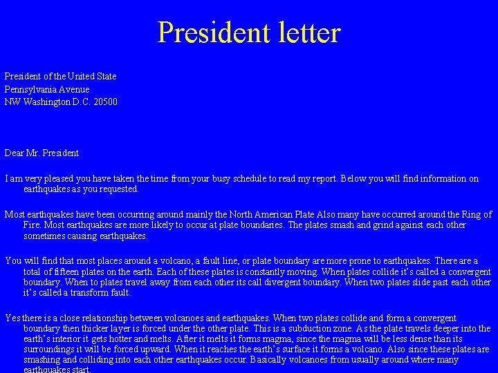  President letter President of the United State Pennsylvania Avenue NW Washington D. C.