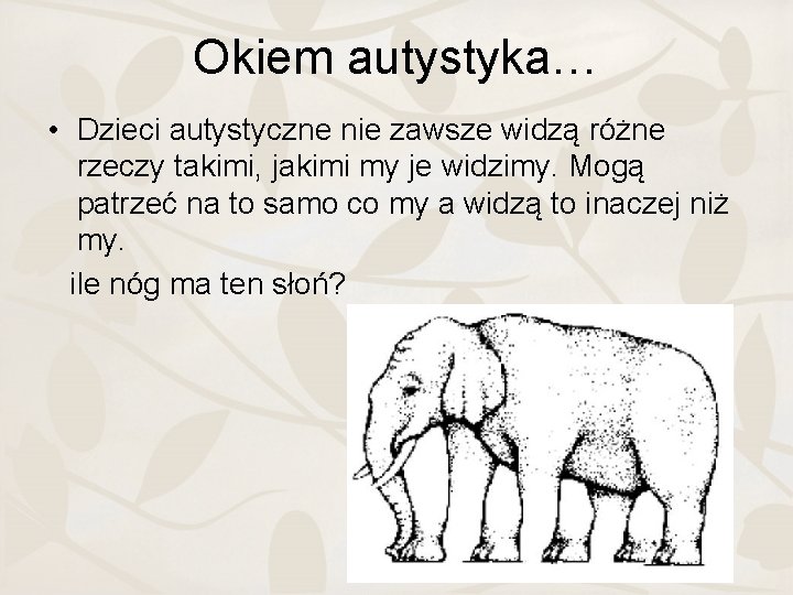 Okiem autystyka… • Dzieci autystyczne nie zawsze widzą różne rzeczy takimi, jakimi my je