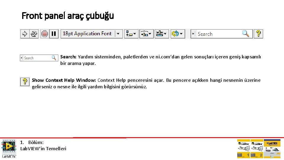 Front panel araç çubuğu Search: Yardım sisteminden, paletlerden ve ni. com’dan gelen sonuçları içeren