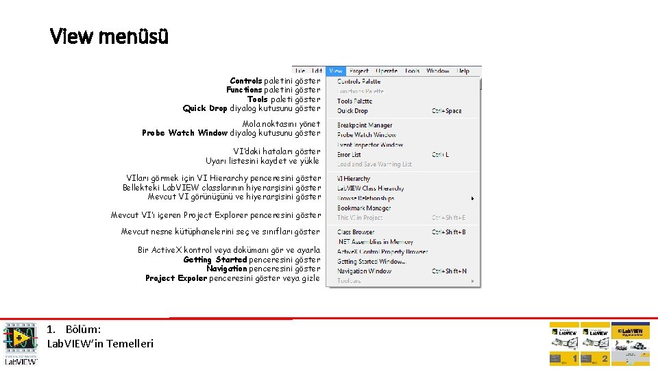 View menüsü Controls paletini göster Functions paletini göster Tools paleti göster Quick Drop diyalog