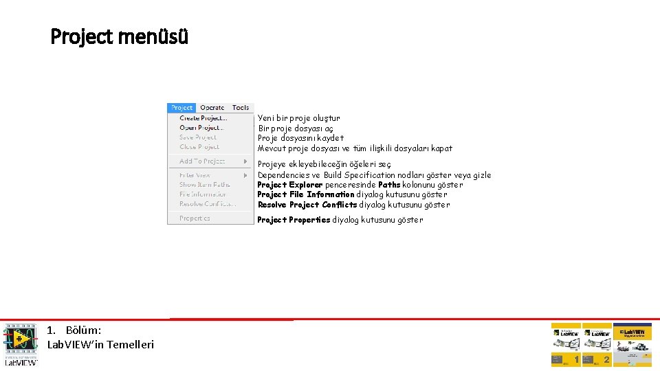 Project menüsü Yeni bir proje oluştur Bir proje dosyası aç Proje dosyasını kaydet Mevcut
