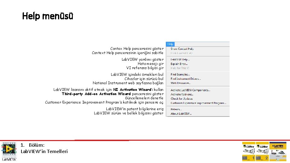 Help menüsü Contex Help penceresini göster Context Help penceresinin içeriğini sabitle Lab. VIEW yardımı