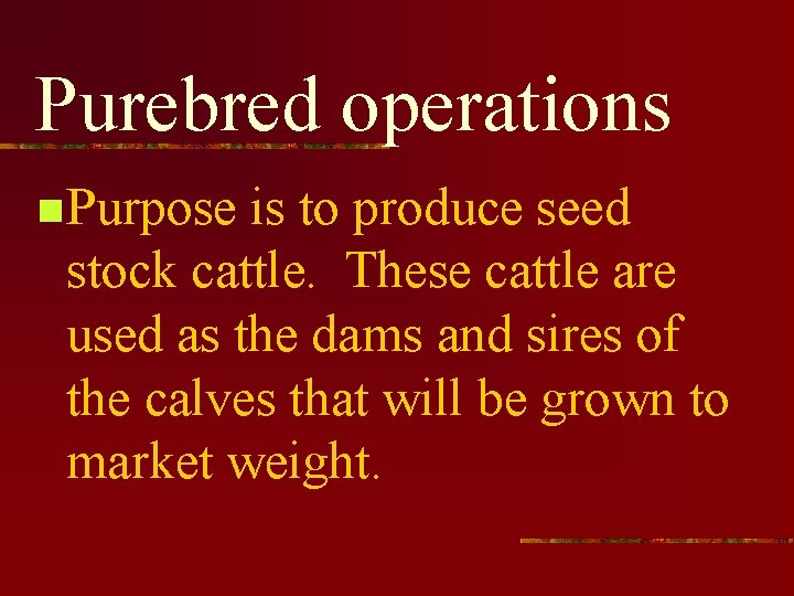 Purebred operations n Purpose is to produce seed stock cattle. These cattle are used