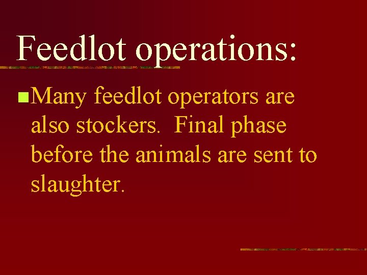 Feedlot operations: n Many feedlot operators are also stockers. Final phase before the animals