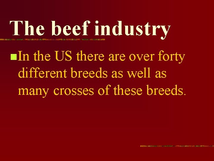 The beef industry n In the US there are over forty different breeds as