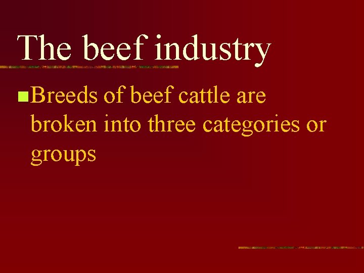 The beef industry n Breeds of beef cattle are broken into three categories or
