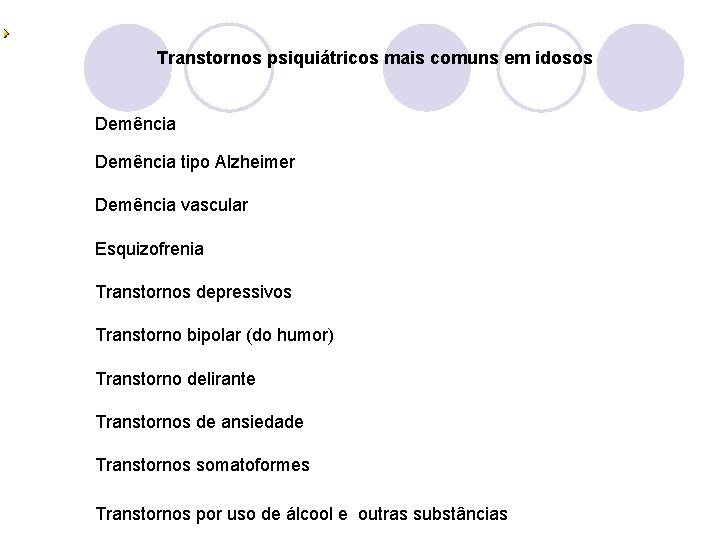 Transtornos psiquiátricos mais comuns em idosos Demência tipo Alzheimer Demência vascular Esquizofrenia Transtornos depressivos