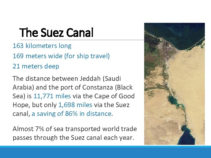 The Suez Canal 163 kilometers long 169 meters wide (for ship travel) 21 meters