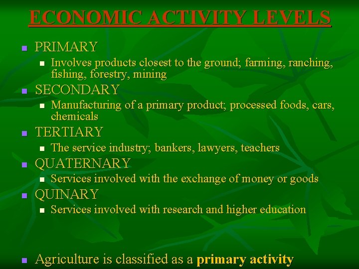 ECONOMIC ACTIVITY LEVELS n PRIMARY n n SECONDARY n n Services involved with the