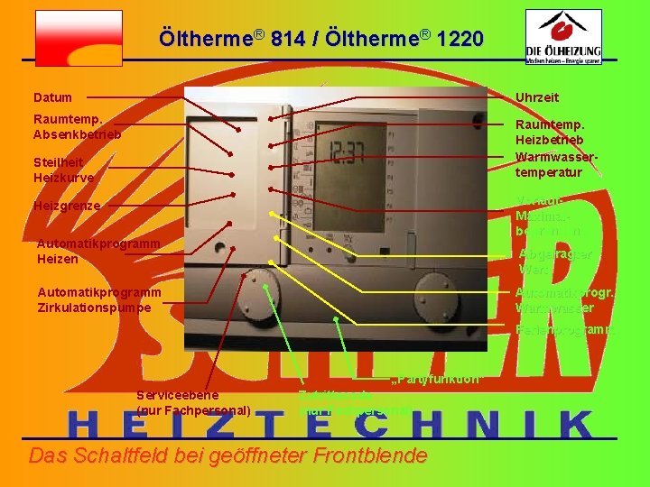 Öltherme® 814 / Öltherme® 1220 Datum Uhrzeit Raumtemp. Absenkbetrieb Raumtemp. Heizbetrieb Warmwassertemperatur Steilheit Heizkurve