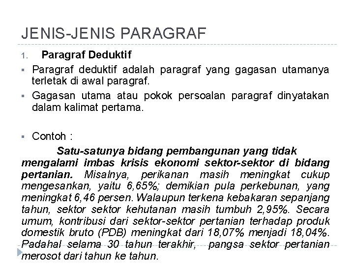JENIS-JENIS PARAGRAF 1. § § Paragraf Deduktif Paragraf deduktif adalah paragraf yang gagasan utamanya