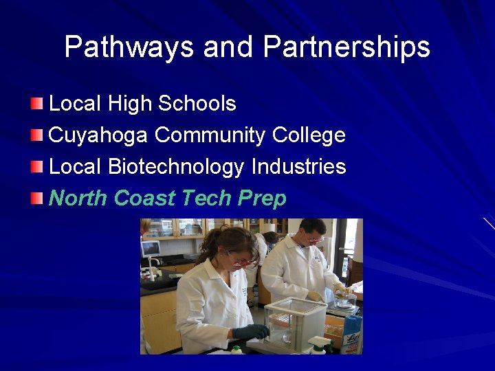 Pathways and Partnerships Local High Schools Cuyahoga Community College Local Biotechnology Industries North Coast