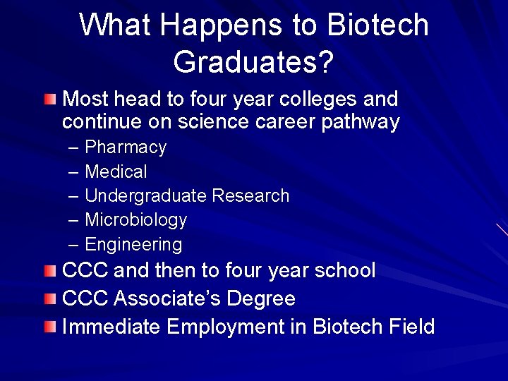 What Happens to Biotech Graduates? Most head to four year colleges and continue on