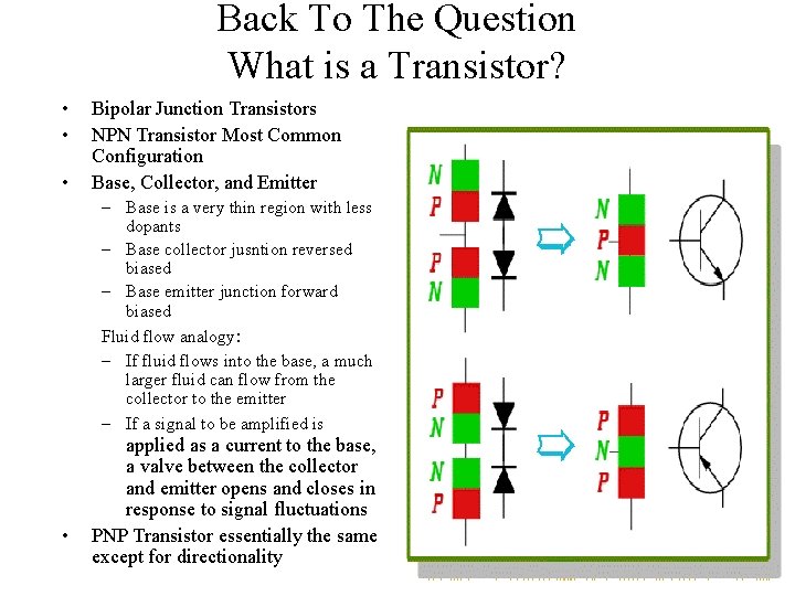 Back To The Question What is a Transistor? • • • Bipolar Junction Transistors