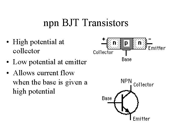 npn BJT Transistors • High potential at collector • Low potential at emitter •