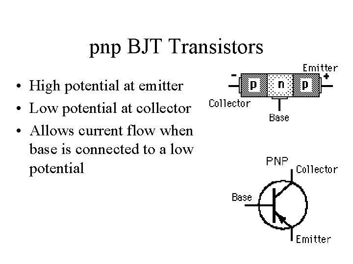 pnp BJT Transistors • High potential at emitter • Low potential at collector •